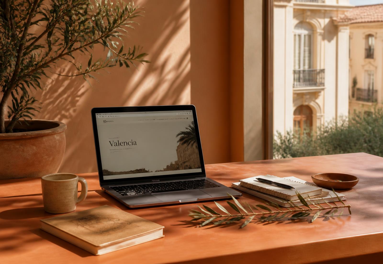 Sunlit desk in Valencia with a laptop, notebook and olive branch